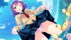 Rule 34 | 1girl, akabei soft, bird, black eyes, blush, breasts, cameltoe, clothes lift, duck, from below, game cg, hair ribbon, highres, legs, long sleeves, looking down, mountain, one eye closed, open mouth, panties, pink panties, purple hair, ribbon, river, school uniform, skirt, skirt lift, sky, small breasts, solo, sorairo innocent, standing, thighs, tsubaki ami, twintails, unasaka ryou, underwear, water, wet, wink