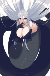 Rule 34 | 1girl, arm under breasts, bare shoulders, black scales, breasts, cleavage, collarbone, commentary request, grey hair, hair between eyes, highres, kizuta (barometz), lamia, large breasts, long bangs, long hair, looking at viewer, monster girl, open mouth, original, pixiv username, red eyes, scales, sidelocks, simple background, smile, solo, tongue, tongue out, twitter username, very long hair, white background