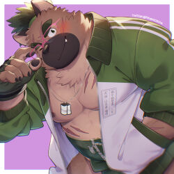 Rule 34 | 1boy, adjusting eyewear, blush, commentary request, dog tags, facial scar, fang, fat, fat man, fingerless gloves, furry, furry male, gloves, hand in own hair, hand on eyewear, highres, hinami (ryuusei potechi), jacket, jewelry, letterman jacket, looking at viewer, male focus, multiple scars, necklace, one eye closed, pink-framed eyewear, pink background, scar, scar across eye, scar on breasts, scar on cheek, scar on face, scar on stomach, simple background, smile, sumo, tokyo houkago summoners, translation request, twitter username, yasuyori (housamo)