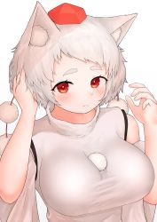 Rule 34 | 1girl, :c, absurdres, animal ear fluff, animal ears, bad id, bad pixiv id, bare shoulders, black bra, blush, bra, bra peek, breasts, commentary, detached sleeves, english commentary, frown, hand in own hair, hat, headgear, highres, impossible clothes, impossible shirt, inubashiri momiji, large breasts, looking at viewer, pom pom (clothes), red eyes, shirt, short hair, sleeveless, sleeveless shirt, solo, swept bangs, take (take143000), tokin hat, touhou, turtleneck, underwear, upper body, white background, white hair, white shirt, wolf ears