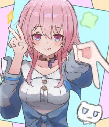 Rule 34 | 1girl, blue eyes, blue jacket, blush, breasts, buttons, choker, closed mouth, commentary, double v, dress shirt, gradient jacket, gyaru v, hair between eyes, hand up, hayaoki daisuki, highres, honkai: star rail, honkai (series), jacket, long sleeves, looking at viewer, march 7th (honkai: star rail), medium breasts, medium hair, multicolored background, open clothes, open jacket, outstretched arm, pink eyes, pink hair, pink jacket, shirt, smile, solo, sparkle, tied jacket, tongue, tongue out, two-tone eyes, underbust, upper body, v, white shirt