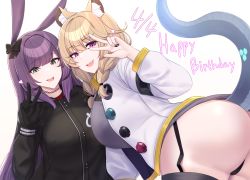 Rule 34 | 2girls, :d, absurdres, animal ear fluff, animal ears, arknights, ass, bent over, black bow, black choker, black gloves, black jacket, black legwear, black nails, black panties, blonde hair, blush, bow, braid, breasts, choker, dated, dress, fingernails, from behind, garter straps, gloves, grey dress, grey eyes, grey sweater, hair bow, hair ornament, hairclip, happy birthday, highres, huge breasts, jacket, kanta (kanta 077), large breasts, long fingernails, long hair, long sleeves, looking at viewer, looking back, multiple girls, nail polish, open clothes, open jacket, open mouth, panties, purple eyes, purple hair, rabbit ears, rope (arknights), simple background, smile, sweater, sweater dress, tail, thighhighs, twin braids, underwear, upskirt, utage (arknights), v, very long hair, white background, white jacket