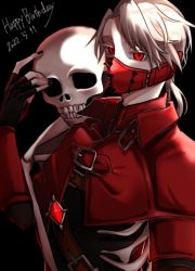 Rule 34 | 1boy, aesop carl, black background, black nails, blue mix white, coat, dated, happy birthday, highres, identity v, jacket, long hair, long sleeves, looking at viewer, male focus, mask, mouth mask, nail polish, red coat, red eyes, red jacket, skull, solo, white hair