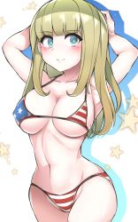 Rule 34 | 1girl, american flag bikini, arms behind head, bikini, blonde hair, blue eyes, blunt bangs, breasts, cleavage, collarbone, commentary request, cowboy shot, eyes visible through hair, female focus, flag print, highres, large breasts, looking at viewer, original, smile, solo, star (symbol), starry background, sumida kichi, swimsuit, white background