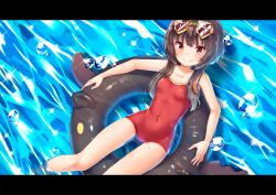 Rule 34 | 1girl, alternate costume, blush, breasts, brown hair, closed mouth, collarbone, commentary request, competition school swimsuit, covered navel, eyewear on head, from above, innertube, kono subarashii sekai ni shukufuku wo!, letterboxed, looking at viewer, megumin, one-piece swimsuit, pensuke, red eyes, red one-piece swimsuit, school swimsuit, short hair with long locks, sitting, small breasts, smile, solo, sparkle, sunglasses, sunglasses on head, swim ring, swimsuit, water, water drop, wet
