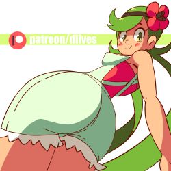 Rule 34 | 1girl, animated, animated gif, artist name, ass, bare shoulders, blinking, blush, breasts, covered erect nipples, creatures (company), curvy, dark-skinned female, dark skin, diives, dutch angle, female focus, flower, from behind, from below, game freak, green eyes, green hair, hair flower, hair ornament, hairband, highres, hip focus, long hair, looking down, mallow (pokemon), matching hair/eyes, medium breasts, nintendo, open mouth, overalls, patreon logo, patreon username, pink flower, pink shirt, pokemon, pokemon sm, shirt, simple background, smile, solo, spanking, spanking self, standing, strapless, strapless shirt, teeth, text focus, twintails, watermark, web address, white background, wide hips