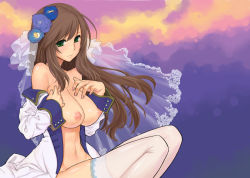 Rule 34 | 00s, 1girl, axis powers hetalia, bad id, bad pixiv id, bare shoulders, blush, breasts, brown hair, fingernails, flower, gradient background, green eyes, hair flower, hair ornament, hungary (hetalia), kome (vm500), large breasts, long hair, nail polish, nipples, no bra, no panties, off shoulder, open clothes, open shirt, perky breasts, pink nails, puffy nipples, shirt, solo, thighhighs, undressing, veil, white thighhighs
