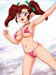 Rule 34 | 1girl, armpits, asymmetrical hair, bakusou kyoudai let&#039;s &amp; go!!, bakusou kyoudai let&#039;s &amp; go!! max, bikini, blue eyes, blush, bracelet, breasts, covered erect nipples, genka ichien, halterneck, halterneck, jewelry, large breasts, long hair, looking at viewer, navel, necklace, oogami marina, open mouth, pink bikini, polka dot, polka dot bikini, red hair, solo, swimsuit, twintails
