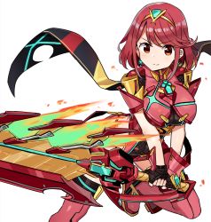 Rule 34 | 1girl, armor, armored dress, black gloves, boots, breasts, closed mouth, dress, earrings, fingerless gloves, fire, fire, gloves, highres, holding, holding sword, holding weapon, huge weapon, jewelry, leg up, looking at viewer, medium breasts, nintendo, pyra (xenoblade), red dress, red eyes, red hair, red thighhighs, shisoneri, short hair, simple background, smile, solo, sparkle, standing, standing on one leg, star (symbol), star earrings, sword, thigh boots, thighhighs, tiara, v-shaped eyebrows, weapon, white background, xenoblade chronicles (series), xenoblade chronicles 2