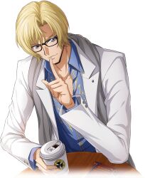 Rule 34 | 1boy, artist request, black-framed eyewear, blonde hair, blue eyes, blue shirt, book, casual, closed mouth, code geass, code geass: lost stories, coffee, collarbone, collared shirt, cup, disposable cup, drink, finger to mouth, game cg, glasses, grey scarf, hand up, happy, holding, holding cup, holding drink, index finger raised, jacket, layered sleeves, long sleeves, looking at viewer, male focus, non-web source, official art, open clothes, open jacket, scarf, schneizel el britannia, shirt, short hair, shushing, sidelocks, simple background, sitting, smile, solo, table, transparent background, upper body, white jacket