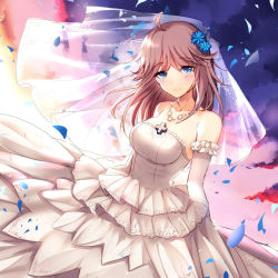 Rule 34 | 1girl, ahoge, bare shoulders, bison cangshu, blue eyes, blush, breasts, bridal veil, bride, collarbone, commentary request, cowboy shot, cross, dress, elbow gloves, filigree, flower, frilled gloves, frills, gloves, highres, jewelry, long hair, looking at viewer, medium breasts, necklace, petals, pink hair, smile, solo, strapless, strapless dress, sunrise, tirpitz (warship girls r), upper body, veil, warship girls r, wedding dress, white dress, white gloves