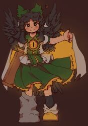 Rule 34 | 1girl, :3, ahoge, arm cannon, asymmetrical footwear, bird tail, bird wings, black eyes, black hair, black nails, black socks, black wings, bow, cape, cape hold, closed mouth, collared shirt, commentary, ezier, full body, green bow, green shirt, green skirt, hair bow, highres, long hair, looking at viewer, reiuji utsuho, shirt, short sleeves, skirt, socks, solo, tail, third eye, touhou, two-sided cape, two-sided fabric, two-tone shirt, weapon, white cape, white shirt, wings, yellow cape, yellow pupils