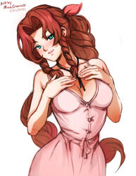 Rule 34 | 1girl, 2021, aerith gainsborough, artist name, bare shoulders, blush, bow, braid, braided ponytail, breasts, brown hair, buttons, cleavage, collarbone, commentary, dated, dress, english commentary, final fantasy, final fantasy vii, final fantasy vii remake, forehead, green eyes, hair bow, head tilt, lips, long hair, looking at viewer, medium breasts, mina cream, parted bangs, pink bow, pink dress, pink lips, seductive smile, sidelocks, simple background, sleeveless, sleeveless dress, smile, solo, very long hair, white background
