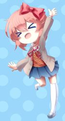 Rule 34 | &gt; &lt;, 1girl, absurdres, blue background, blue skirt, bow, chibi, collar, doki doki literature club, hair bow, herbrier coppepan, highres, jacket, long sleeves, neck ribbon, open clothes, open jacket, pleated skirt, polka dot, polka dot background, red bow, red ribbon, ribbon, sayori (doki doki literature club), school uniform, shoes, short sleeves, skirt, uwabaki, white collar