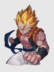 Rule 34 | 1boy, blonde hair, blue sash, clenched hands, closed mouth, dragon ball, dragonball z, fighting stance, gogeta, green eyes, kemachiku, male focus, metamoran vest, muscular, muscular male, pants, pectorals, sash, serious, solo, spiked hair, white pants