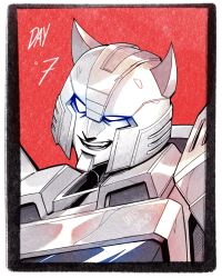 Rule 34 | autobot, black border, blue eyes, border, cliffjumper, glowing, glowing eyes, head tilt, highres, horns, lina rojas, mecha, open mouth, portrait, red background, robot, smile, solo, transformers