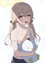 1girl absurdres bare_arms black_shorts blue_archive bow camisole collarbone hair_between_eyes hair_bow halo hifumi_(blue_archive) highres light_brown_hair long_hair low_twintails open_mouth peroro_(blue_archive) pige_pig shorts solo strap_slip stuffed_animal stuffed_bird stuffed_toy teeth twintails upper_teeth_only white_camisole yellow_bow yellow_eyes yellow_halo