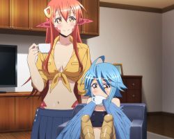 Rule 34 | 10s, 2girls, blue hair, blush, breasts, feathers, harpy, highres, large breasts, long hair, miia (monster musume), monster girl, monster musume no iru nichijou, multiple girls, navel, open mouth, papi (monster musume), red hair, screencap, short hair, smile, stitched, tagme, third-party edit, wings, yellow eyes