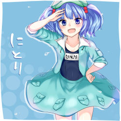 Rule 34 | 1girl, blue eyes, blue hair, collarbone, hair bobbles, hair ornament, hat, kawashiro nitori, long sleeves, matching hair/eyes, monrooru, open clothes, open mouth, open shirt, pocket, school swimsuit, shirt, skirt, sleeves rolled up, smile, solo, swimsuit, swimsuit under clothes, touhou, twintails, two side up