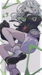 Rule 34 | 1girl, absurdres, asymmetrical sleeves, black hoodie, blurry, blurry foreground, boots, border, commentary request, covering own mouth, drawstring, dress, fanny pack, fishnet socks, fishnets, floating hair, foot out of frame, from below, fuyuu rei, goggles, goggles around neck, green eyes, grey background, grey hair, half-closed eyes, hand up, highres, hood, hoodie, long hair, long sleeves, looking at viewer, outside border, print hoodie, scar, scar on leg, short dress, simple background, single sock, socks, solo, traffic cone, triangle, uneven sleeves, utau, white border, white dress, white footwear, yuuhaku (yuh 145)