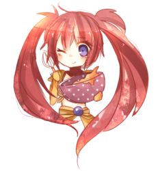 Rule 34 | 1girl, belt, blush, breasts, long hair, midriff, nanaly fletch, navel, one eye closed, purple eyes, red hair, smile, tales of (series), tales of destiny 2, twintails
