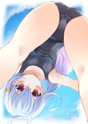 Rule 34 | 1girl, ahoge, ass, bad id, bad pixiv id, blue sky, blush, borrowed character, breasts, commentary request, day, hair ornament, hairclip, highres, long hair, looking at viewer, looking through own legs, mesugaki (haguran), one-piece swimsuit, original, otokuyou, red eyes, school swimsuit, silver hair, sky, small breasts, solo, swimsuit, upside-down