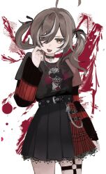 Rule 34 | 1girl, ahoge, belt, belt chain, black belt, black ribbon, black skirt, black sweater, blood, blood splatter, brown eyes, brown hair, chain, chain necklace, choker, eimmii, emo fashion, frilled choker, frills, hair over one eye, hair ribbon, heart, heart choker, highres, hololive, hololive english, huge ahoge, jewelry, looking at viewer, multicolored hair, nanashi mumei, nanashi mumei (emo), necklace, nightmare (nanashi mumei), o-ring, o-ring thigh strap, official alternate costume, official alternate hairstyle, plaid, plaid skirt, pleated skirt, red skirt, ribbon, shirt, shirt tucked in, skirt, splatter background, streaked hair, striped clothes, striped sweater, sweater, sweater under shirt, t-shirt, thigh strap, tongue, tongue out, twintails, two-tone sweater, virtual youtuber