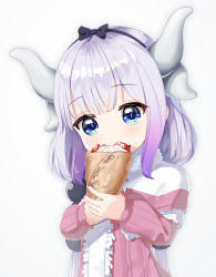 Rule 34 | 1girl, absurdres, beads, blue eyes, capelet, cream, crepe, dragon horns, dress, eating, food, fruit, hair beads, hair ornament, hairband, highres, horns, kanna kamui, kobayashi-san chi no maidragon, long hair, low twintails, no ti me, pink dress, pink hair, ribbon, simple background, solo, strawberry, twintails, upper body, white background, white capelet