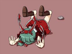 Rule 34 | 1girl, arm ribbon, boots, bow, dress, faceplant, frills, front ponytail, green hair, hair bow, hair ribbon, kagiyama hina, lying, on stomach, one-hour drawing challenge, red dress, ribbon, rokunen, solo, touhou, tripping