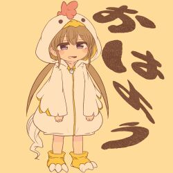 Rule 34 | 1girl, alternate costume, blush stickers, brown hair, chicken costume, collarbone, commentary request, fake claws, fake tail, full body, haiku kit, half-closed eyes, highres, hood, hood up, long sleeves, looking at viewer, low twintails, open mouth, paw shoes, purple eyes, raised eyebrows, simple background, smile, solo, standing, tail, translation request, tsukuyomi ai, twintails, voiceroid, wide sleeves, yellow background