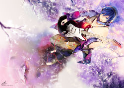 Rule 34 | 1boy, bandages, bare shoulders, barefoot, blue eyes, blue hair, blue nails, cherry blossoms, dutch angle, floral print, from above, guitar, haori, headset, highres, instrument, japanese clothes, kaito (vocaloid), kaninn, male focus, matching hair/eyes, music, nail polish, off shoulder, playing instrument, reflection, signature, smile, solo, standing, standing on liquid, vocaloid, watermark, web address