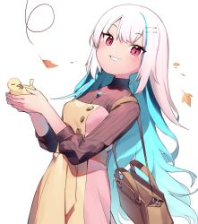 Rule 34 | 1girl, animal, bag, bird, blue hair, brown dress, colored inner hair, dress, grin, hair ornament, hairclip, holding, holding animal, holding bird, jewelry, leaf, light blush, lize helesta, long hair, long sleeves, looking at viewer, multicolored hair, necklace, nijisanji, pink eyes, shoulder bag, simple background, smile, solo, sukuna136, very long hair, virtual youtuber, white background, white hair