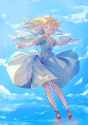 Rule 34 | 1girl, angel, angel wings, asanagi kurumi (panda-doufu), bare legs, blonde hair, blush, cloud, cloudy sky, commentary, day, dress, closed eyes, feathers, flying, full body, happy, long hair, original, outstretched arms, puffy sleeves, red footwear, sky, smile, solo, sunlight, white dress, white wings, wings