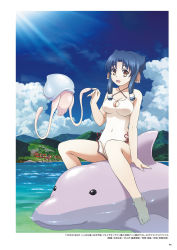 Rule 34 | 1girl, arm support, atuy, barefoot, blue hair, blue sky, breasts, brown eyes, cleavage, cleavage cutout, clothing cutout, cloud, covered navel, day, dolphin, feet, hair ornament, halterneck, highres, medium breasts, nakata masahiko, one-piece swimsuit, open mouth, outdoors, page number, red ribbon, ribbon, scan, short hair with long locks, sidelocks, sitting, sky, solo, swimsuit, toes, translation request, utawarerumono, utawarerumono: itsuwari no kamen, water, white one-piece swimsuit
