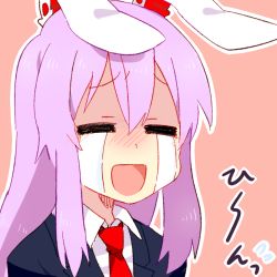 Rule 34 | 1girl, 6 (yuchae), :d, = =, animal ears, blazer, rabbit ears, collared shirt, crying, jacket, lowres, necktie, open mouth, purple hair, reisen udongein inaba, sad smile, shaded face, shirt, smile, solo, streaming tears, tears, touhou