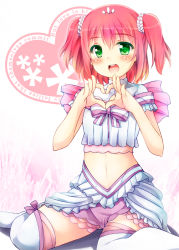 Rule 34 | 10s, 1girl, crop top, green eyes, heart, heart hands, kurosawa ruby, looking at viewer, love live!, love live! school idol festival, love live! school idol project, love live! sunshine!!, midriff, navel, open mouth, pastel colors, red hair, scrunchie, shirt, sitting, skirt, skirt set, smile, solo, tekehiro, thighhighs, thighs, twintails, two side up, wariza, white thighhighs, zettai ryouiki
