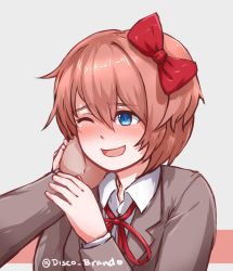 Rule 34 | 1boy, 1girl, :d, blush, bow, brown hair, collared shirt, disco brando, doki doki literature club, grey background, hair between eyes, hair bow, hand on another&#039;s cheek, hand on another&#039;s face, happy, headpat, highres, holding another&#039;s arm, long sleeves, neck ribbon, one eye closed, open mouth, red bow, red ribbon, ribbon, sayori (doki doki literature club), school uniform, shirt, short hair, simple background, smile, solo focus, twitter username