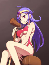 Rule 34 | 1girl, alternate costume, antenna hair, blue hair, breasts, caryo, chunsoft, circlet, dragon quest, dragon quest iii, enix, long hair, long legs, looking down, nanashino, one-piece swimsuit, parted lips, purple eyes, revealing swimsuit (dq), sage (dq3), sitting, staff, sweatdrop, swimsuit, underboob