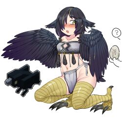 Rule 34 | 1girl, ?, absurdres, animal ears, bandeau, bare shoulders, bird ears, bird legs, black feathers, black hair, black wings, blonde hair, blush, breasts, center opening, commentary, creature and personification, egg, feathered wings, feathers, gradient hair, green eyes, hair over one eye, harpy, highres, loincloth, long hair, midriff, minecraft, monster girl, multicolored hair, navel, open mouth, original, personification, purple hair, r-dragon, simple background, small breasts, spoken question mark, streaked hair, suggestive fluid, teeth, upper teeth only, white background, winged arms, wings, yellow eyes