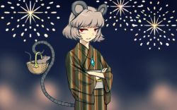 Rule 34 | 1girl, alternate costume, animal, animal ears, basket, crossed arms, crystal, fireworks, grey hair, japanese clothes, jewelry, kimono, looking at viewer, meimaru inuchiyo, mouse (animal), mouse ears, mouse tail, nazrin, pendant, red eyes, short hair, solo, striped clothes, striped kimono, tail, touhou, unmoving pattern, vertical-striped clothes, vertical-striped kimono, yukata
