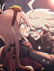 Rule 34 | 1boy, 1girl, :d, ahoge, android, antenna hair, armor, blonde hair, blue eyes, blush, breasts, choker, commentary request, danganronpa (series), danganronpa v3: killing harmony, goggles, goggles on head, gradient background, grey eyes, grey hair, hakusoto, iruma miu, k1-b0, large breasts, long hair, looking at another, open mouth, pink shirt, power armor, sailor collar, shirt, signature, smile, sweatdrop, teeth, upper teeth only
