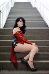 Rule 34 | 1girl, ass, black hair, breasts, choker, cinder fall, cinder fall (cosplay), cosplay, dress, high heels, long hair, photo (medium), red dress, rwby, sitting, small breasts, smile, solo, source request, stairs, thick thighs, thighs