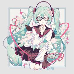 Rule 34 | 1girl, ;p, absurdres, black-framed eyewear, black skirt, border, cable, cherry blossoms, chinese commentary, commentary request, cowboy shot, finger to own chin, floating hair, floral background, flower, glasses, green eyes, green hair, green neckerchief, grey border, hair flower, hair ornament, hatsune miku, headphones, highres, holding, holding paper, index finger raised, leaf, long hair, long sleeves, looking at viewer, neckerchief, one eye closed, outside border, paper, pink ribbon, puffy long sleeves, puffy sleeves, ribbon, sailor collar, school uniform, serafuku, shirt, shuxue lianxice, skirt, smile, solo, sparkle, tongue, tongue out, twintails, vocaloid, white background, white flower, white shirt