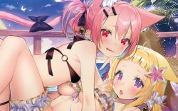 Rule 34 | 2girls, animal ears, ariake (azur lane), asagi yuna, azur lane, bikini, blonde hair, breasts, cat ears, cat tail, commentary request, hair ornament, hair ribbon, hairclip, hatsushimo (azur lane), looking at viewer, multiple girls, open mouth, pink hair, purple eyes, ribbon, small breasts, swimsuit, tail, tongue, tongue out, underboob