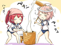 Rule 34 | 10s, 2girls, = =, ahoge, barefoot, bowl, engiyoshi, closed eyes, food, hachimaki, hair ornament, hair ribbon, hairclip, head scarf, headband, i-168 (kancolle), i-58 (kancolle), kantai collection, kine, leaning forward, long hair, mallet, mochi, mochitsuki, multiple girls, one-piece swimsuit, open mouth, pink hair, ponytail, red hair, ribbon, school swimsuit, school uniform, serafuku, short hair, short sleeves, swimsuit, swimsuit under clothes, tenugui, wagashi, water, x hair ornament