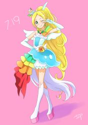 Rule 34 | 1girl, ;), blonde hair, boots, braid, chocokin, closed mouth, cosplay, cure parfait, cure parfait (cosplay), cure rhythm, elbow gloves, full body, gloves, green eyes, hair ornament, head tilt, high ponytail, horse tail, jewelry, kirakira precure a la mode, knee boots, layered skirt, long hair, magical girl, minamino kanade, miniskirt, necklace, one eye closed, parted bangs, pink background, precure, signature, skirt, smile, solo, standing, strapless, suite precure, tail, very long hair, white footwear, white gloves, white skirt