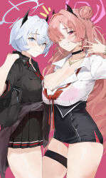 Rule 34 | 2girls, absurdres, asymmetrical docking, bag, black choker, black gloves, black skirt, blue archive, blush, breast press, breasts, choker, cleavage, closed mouth, clothes around waist, collared shirt, commentary, erika (blue archive), gloves, grey eyes, grey hair, grin, hair between eyes, hair bun, hair over one eye, halo, highres, horns, jewelry, kirara (blue archive), large breasts, long hair, looking at viewer, multiple girls, nail polish, necklace, panties, pink hair, pleated skirt, red eyes, red nails, red panties, sadan1317, school bag, shirt, short hair, simple background, skindentation, skirt, smile, symbol-only commentary, thigh strap, underwear, very long fingernails, w, white shirt
