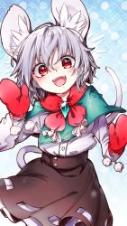 Rule 34 | 1girl, absurdres, animal ears, blush, capelet, gloves, grey hair, grey skirt, hand up, highres, jewelry, kibayashi kimori, layered clothes, long sleeves, looking at viewer, mouse (animal), mouse ears, mouse tail, nazrin, open mouth, pendant, polka dot, polka dot background, pom pom (clothes), red eyes, red gloves, red neckwear, scarf, shirt, short hair, skirt, smile, solo, tail, teeth, touhou, upper teeth only, white shirt