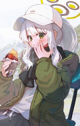 Rule 34 | 1girl, absurdres, black scarf, black shorts, blue archive, blush, chair, closed mouth, fingernails, food, food on face, green eyes, green jacket, grey hair, halo, hare (blue archive), hare (camp) (blue archive), hat, highres, holding, holding food, jacket, long hair, long sleeves, looking at viewer, official alternate costume, open clothes, open jacket, ponytail, qc6, scarf, shorts, simple background, sitting, solo, sweet potato, white background, white hat