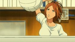 Rule 34 | 1girl, animated, animated gif, bakuman, ball, bouncing breasts, breasts, brown hair, female focus, gym uniform, jumping, large breasts, long hair, lowres, miyoshi kaya, no bra, open mouth, playing, playing sports, ponytail, serious, solo, sweat, volleyball, volleyball (object), yellow eyes